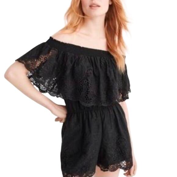 Abercrombie Fitch Black Lace Eyelet Off Shoulder Polyester Romper Size S - Picture 1 of 7
